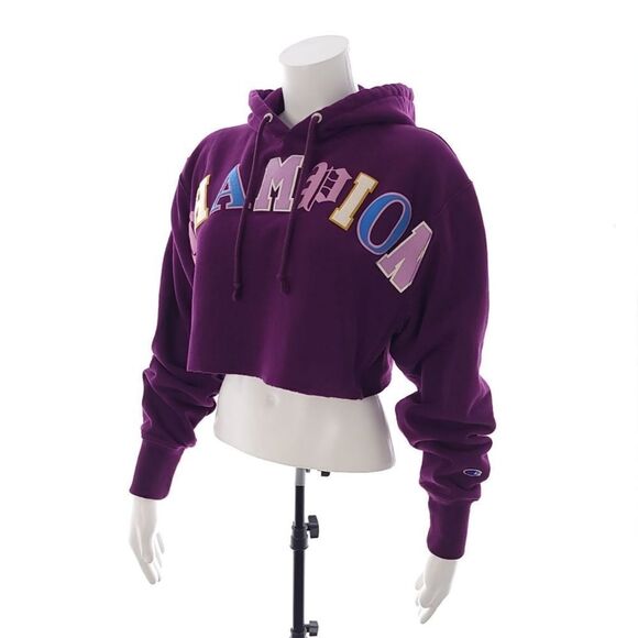 Champion Reverse Weave Purple Hooded Cropped Sweatshirt Womens XS - Picture 1 of 12